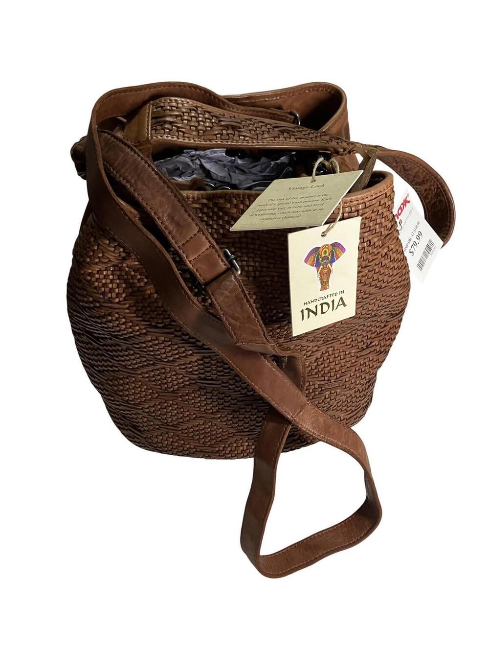 Bucket Shoulder Bag Womens Large Brown Leather Woven Handcrafted India Boho
